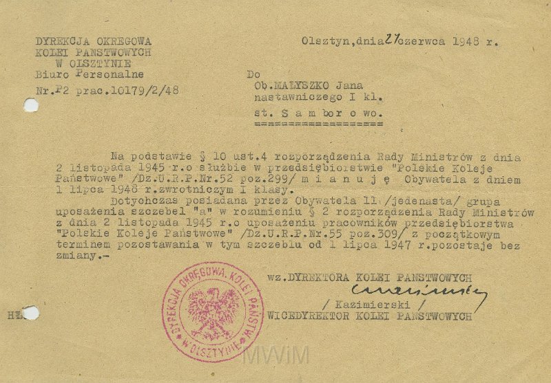 KKE 5653.jpg - Dok. Pismo z Dyrekcji Okręgowej Kolei Państwowych w Olsztynie do Jana Małyszko dotyczące awansu zawodowego, Olsztyn, 27 VI 1948 r.